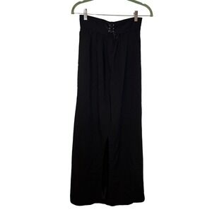 Black Lace Up Waist Maxi Skirt High Rise Front Slit Long Woven Skirt Womens